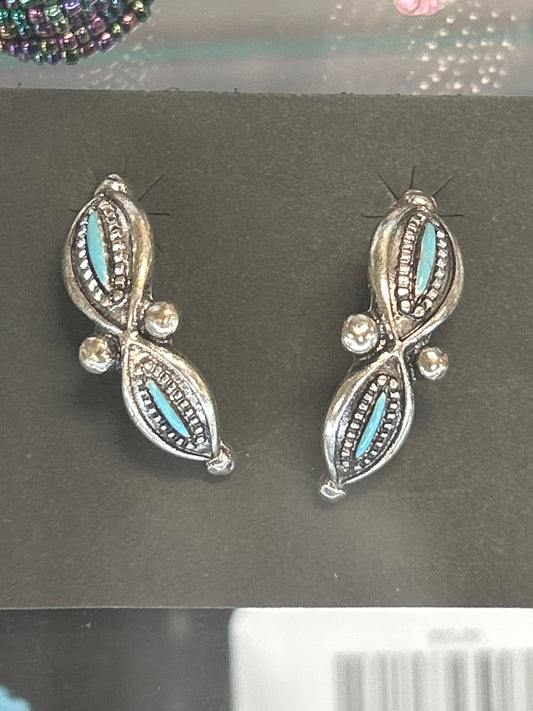 Sterling Silver Needle Point W Turquoise 1/2 Hoop Earrings