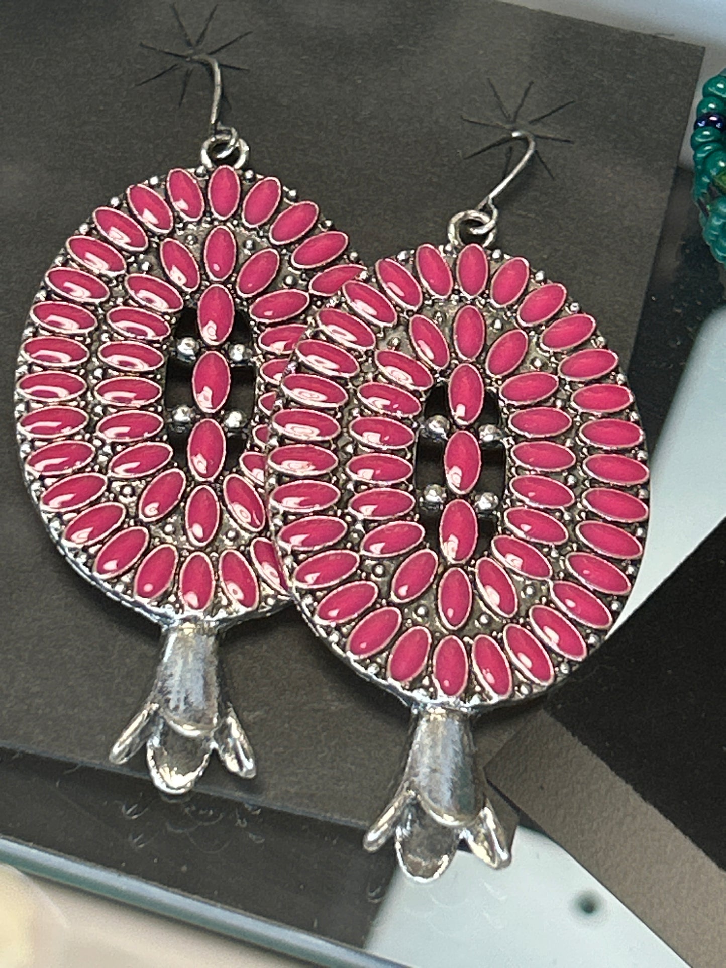 Sterling Silver Oval Squash Blossom With Pink Opal Earrings