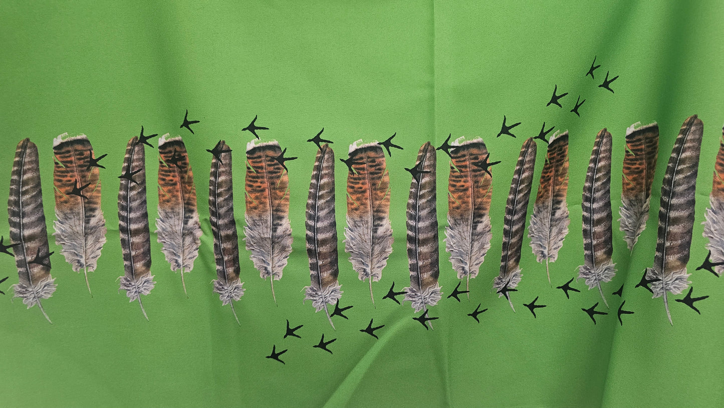 Gabardine Printed Fabric Turkey Feathers Green 2 YRDs