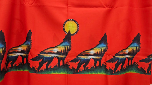 Gabardine Printed Fabric Sunset Wolves Red 2 YRDs