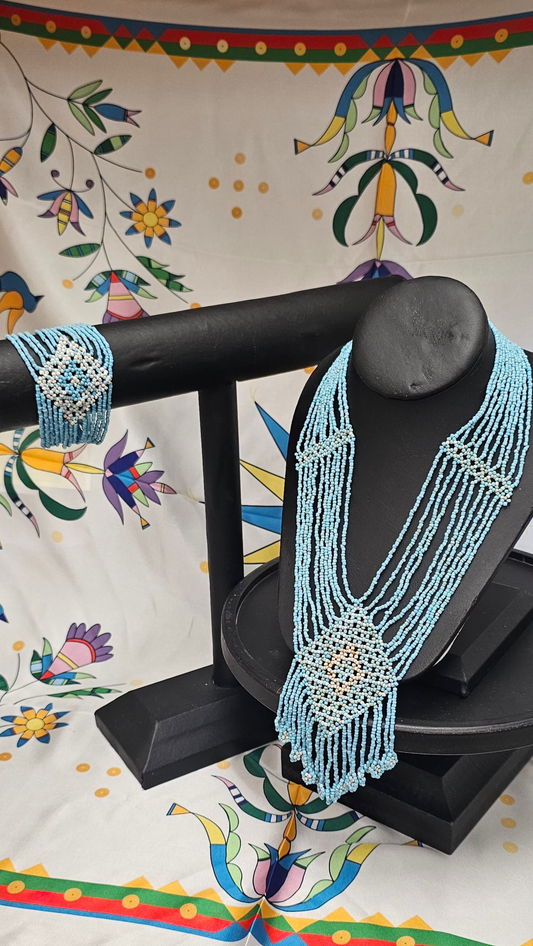 Blue Glass Bead V-Shape Tassel Necklace & Bracelet Set- 40cm L/ 12cm Drop