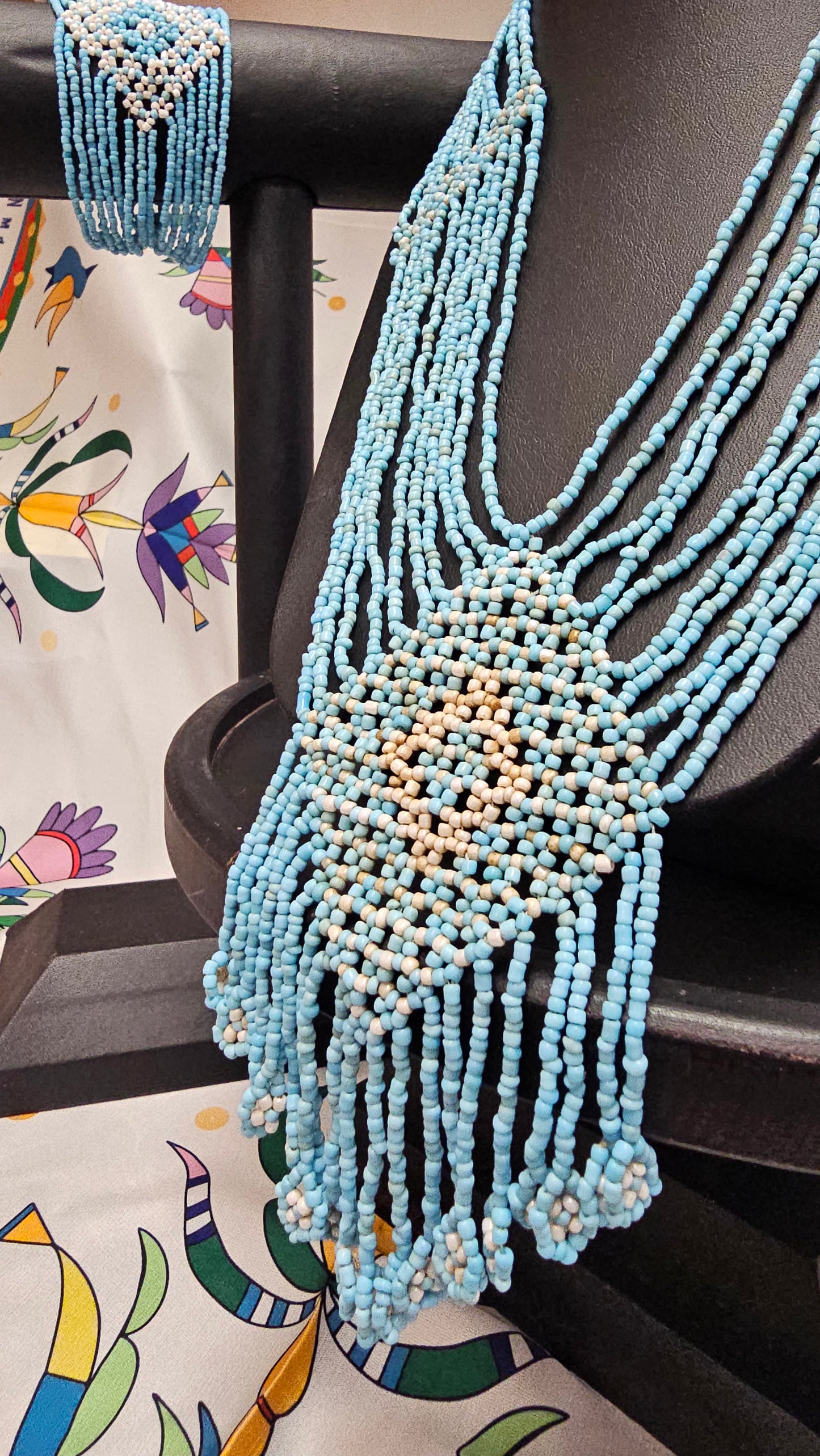 Blue Glass Bead V-Shape Tassel Necklace & Bracelet Set- 40cm L/ 12cm Drop