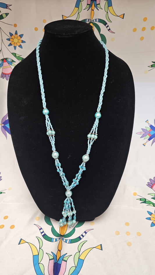 Large Tassel Turquoise & Pearl Beaded Pendent Necklace