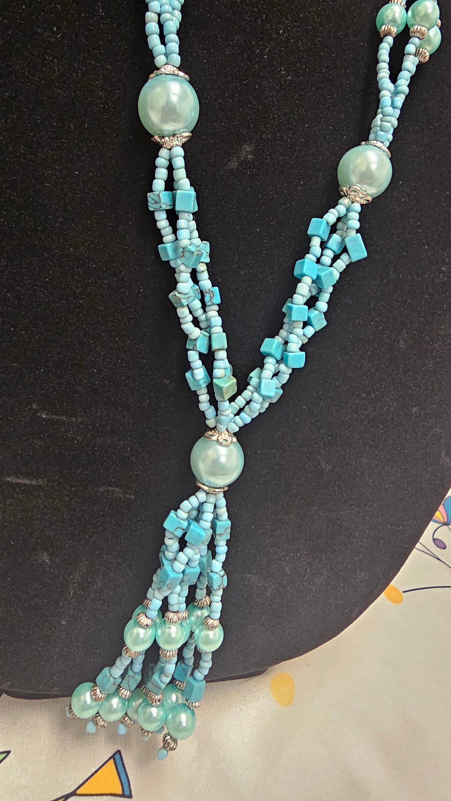 Large Tassel Turquoise & Pearl Beaded Pendent Necklace