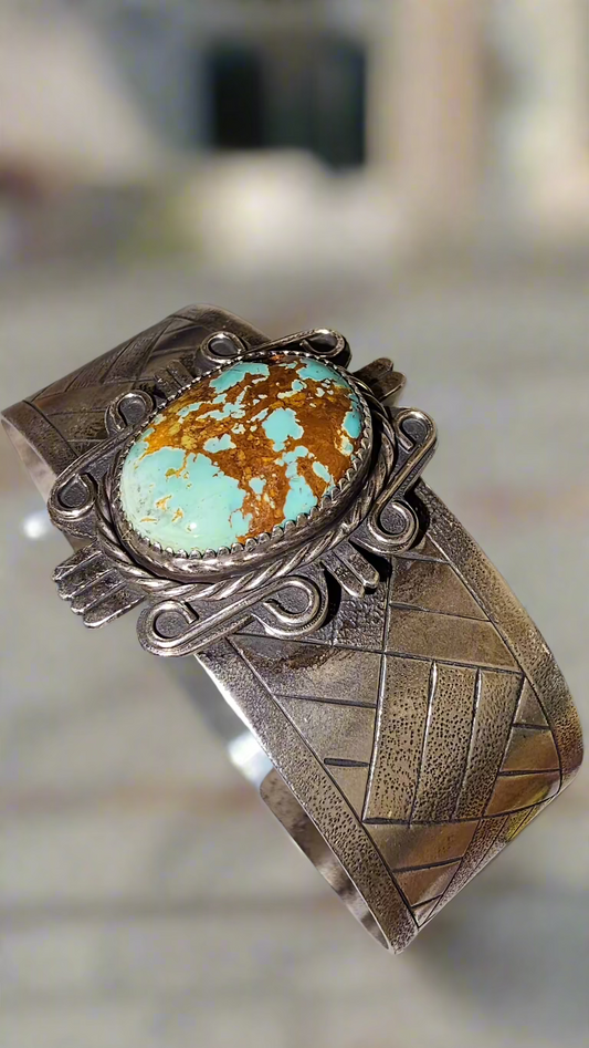 Navajo # 8 Turquoise Sterling Stamped Cuff Bracelet