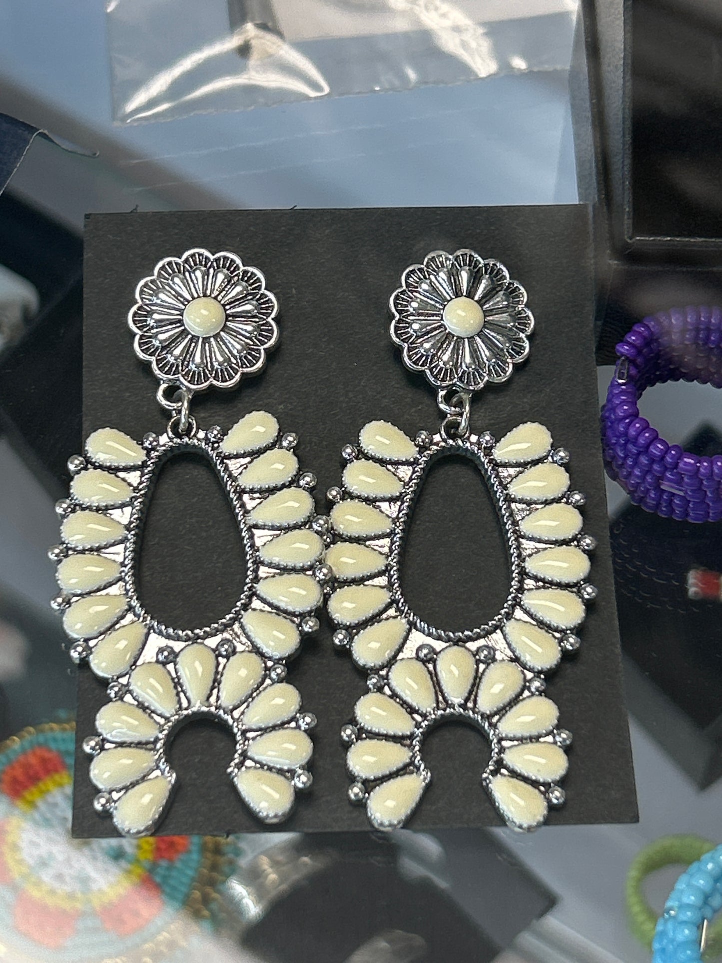 Sterling Silver Concho Dangle  Squash Blossom Style With White Buffalo Turquoise Earrings