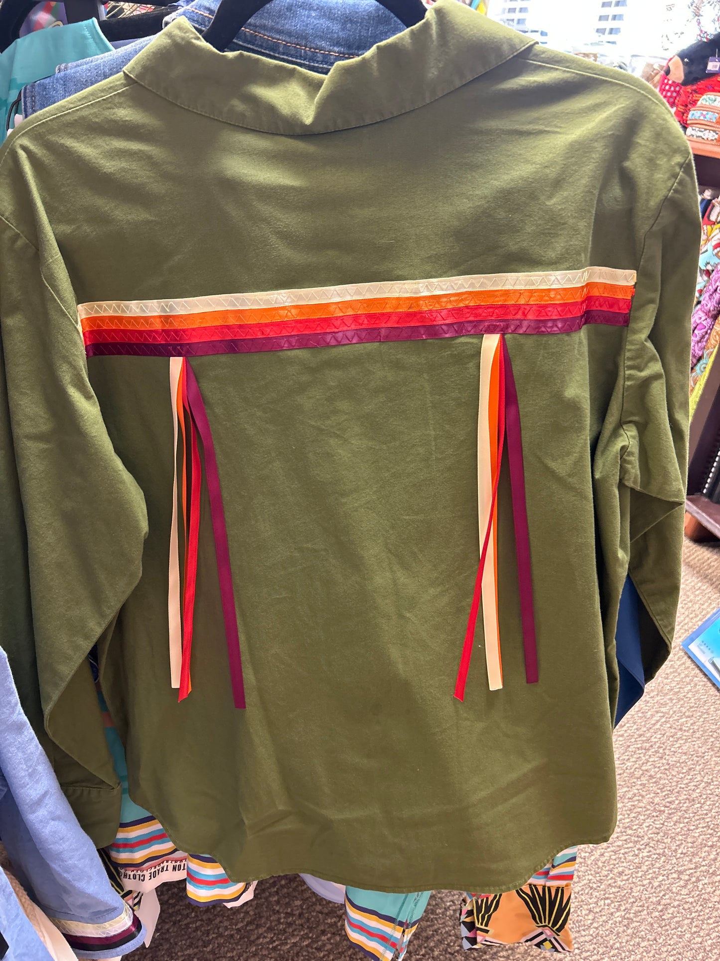 Ribbon Shirt Button Up Long Sleeve Green Large