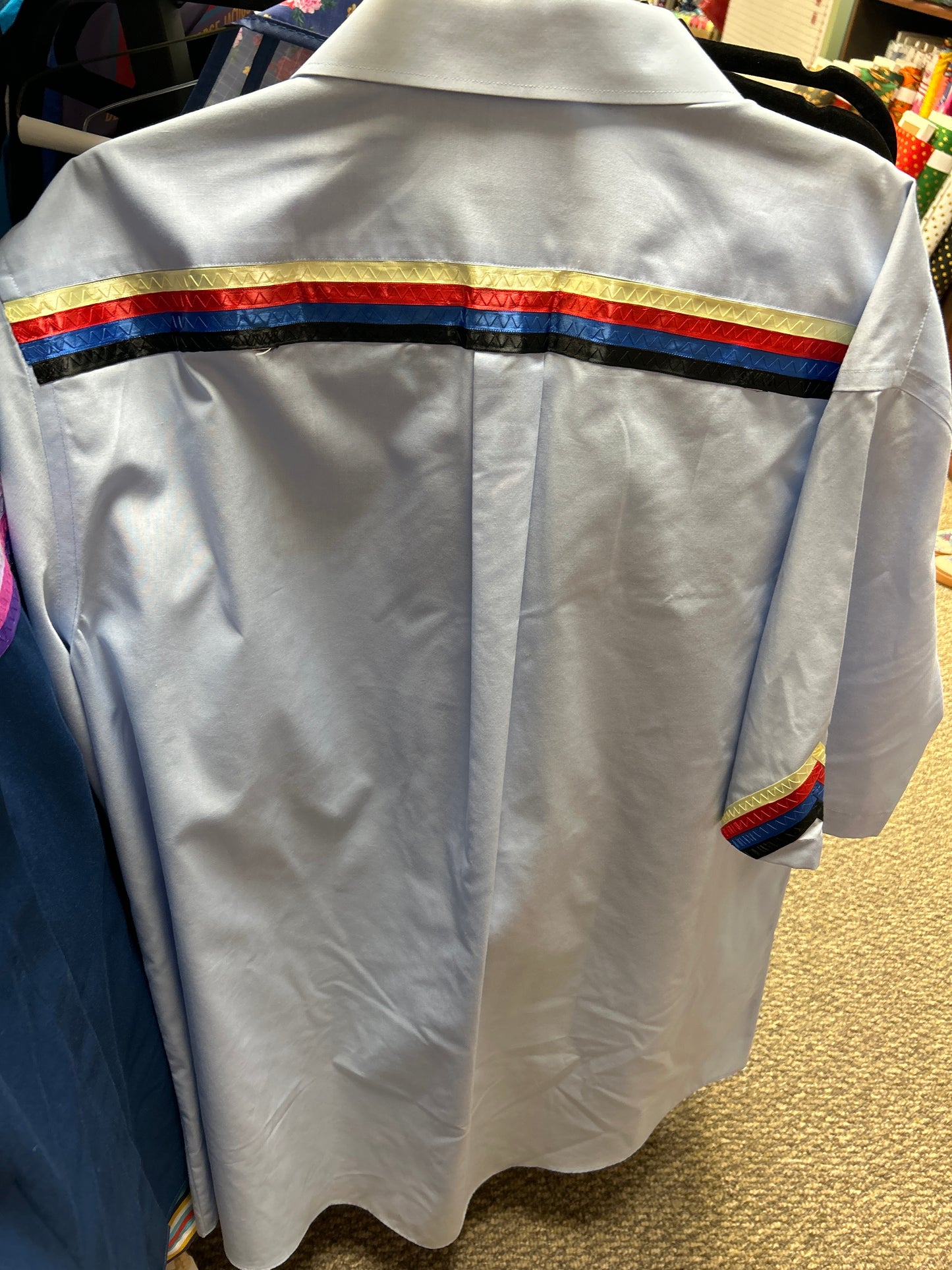 Ribbon Shirt Button Up Short Sleeve Lt Blue XL To 2X