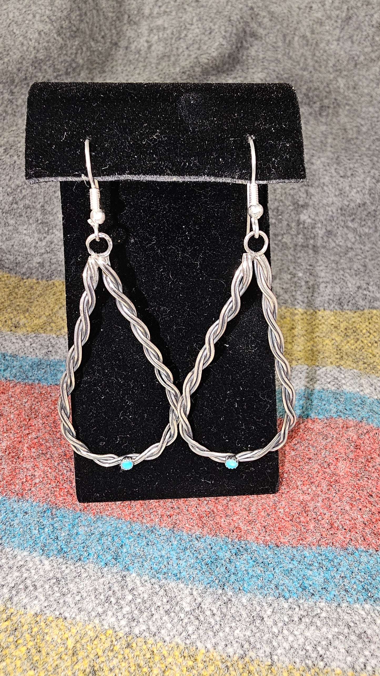 Sterling Silver .925 Twist Braid Long Tear Drop W Turquoise