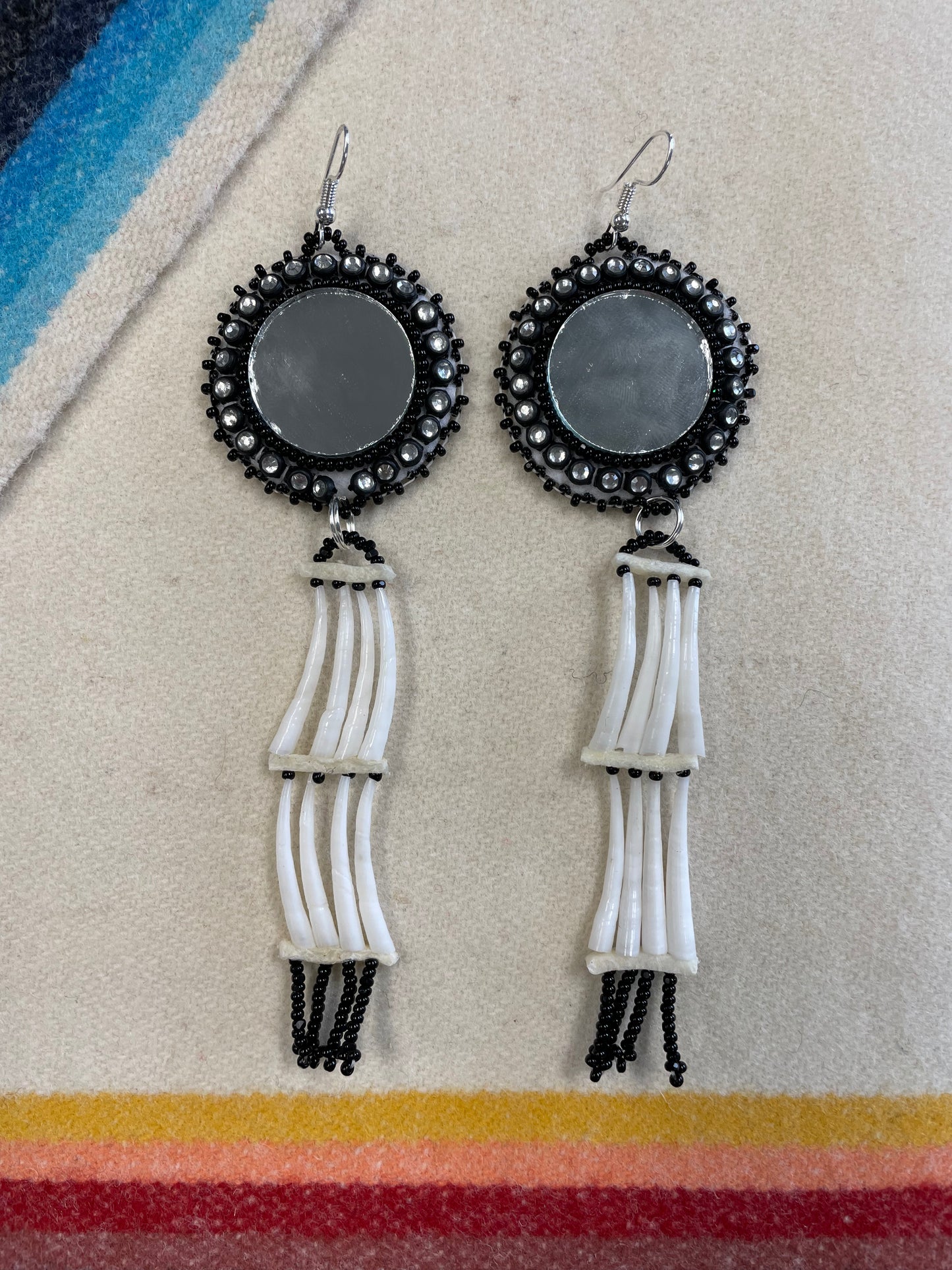 Black Beaded Mirror Dentalium Shell Earrings