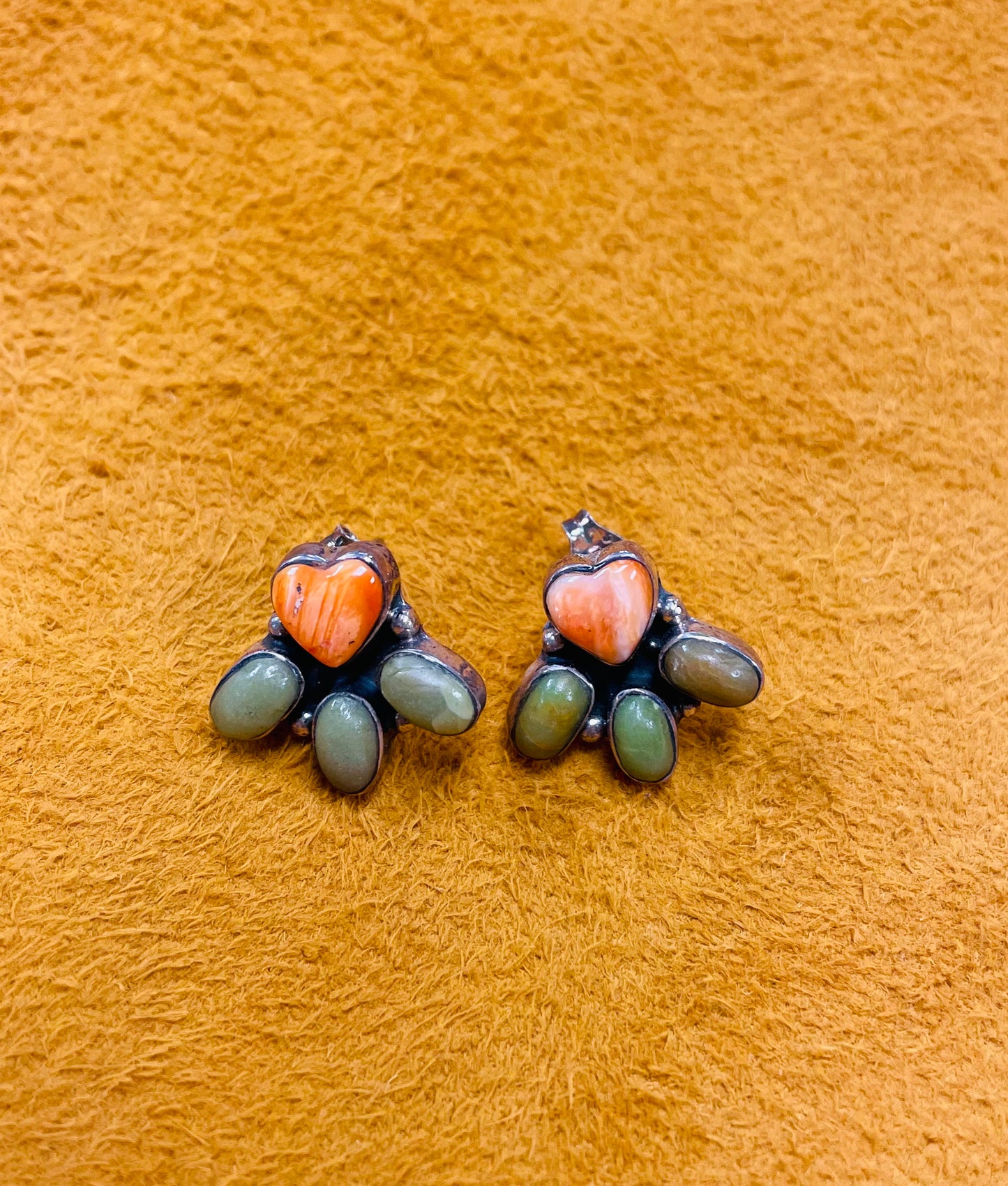 Sterling Silver Coral Heart And Green Stones Earrings