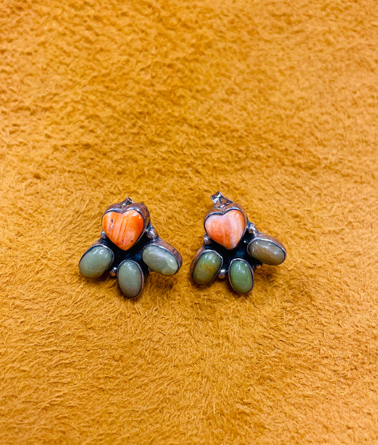 Sterling Silver Coral Heart And Green Stones Earrings