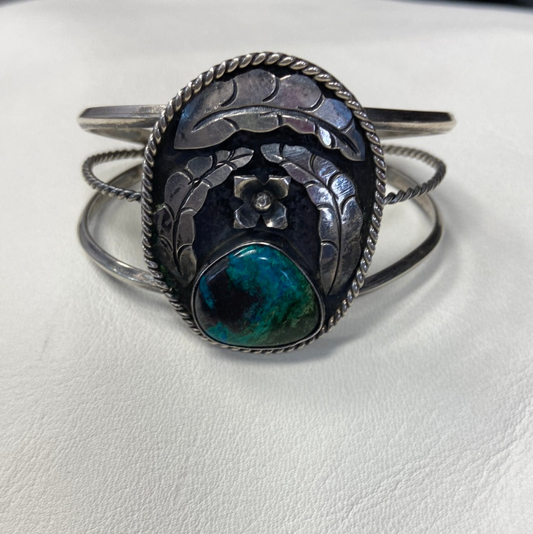 Sterling Silver Feathers and Turquoise Cuff Bracelet