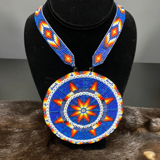 Beaded Medallion with Quilled Ring Star Pattern Blue