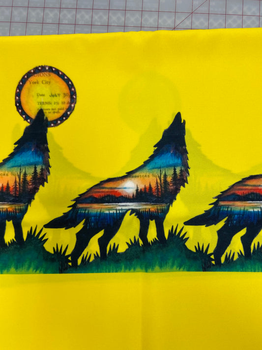 Gabardine Printed Fabric Sunset Wolves Yellow 2 YRDs