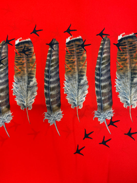 Gabardine Printed Fabric Turkey Feathers Red 2 YRDs