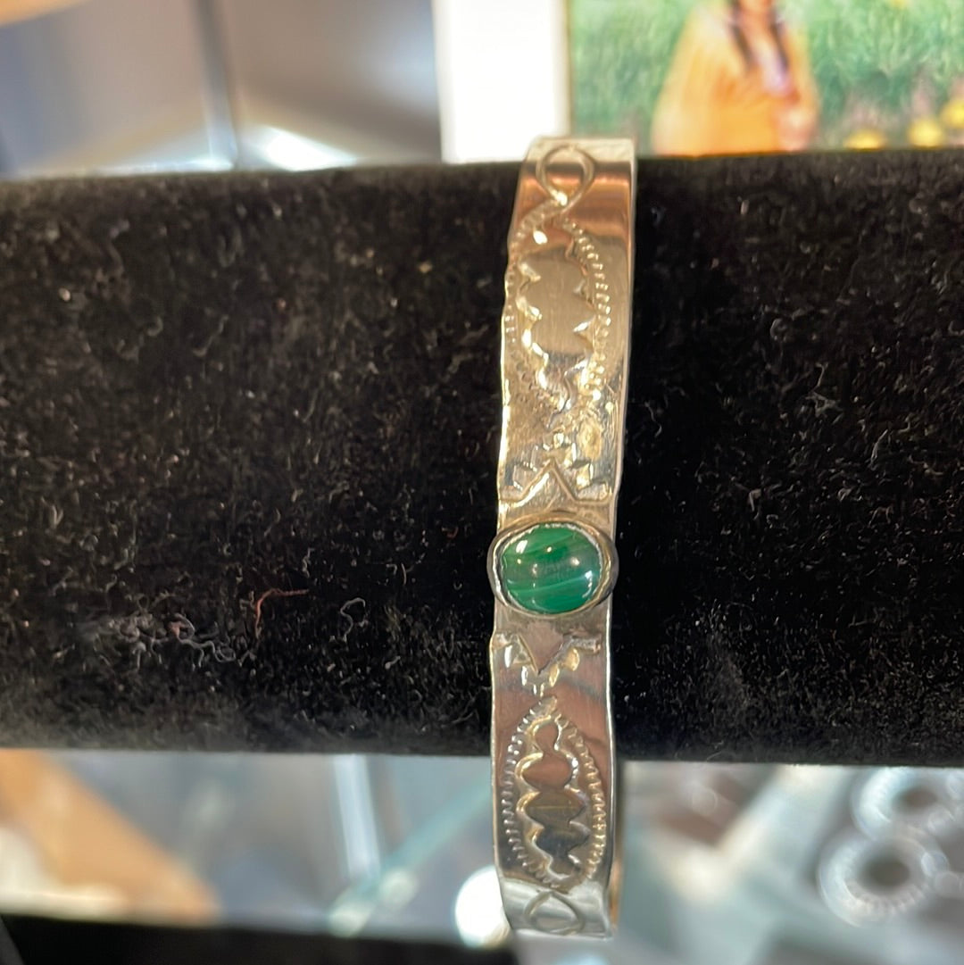Sterling Silver Stamped Bracelet With Green Stone