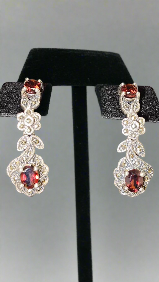 6 Carat Garnet Marcasites  .925 Sterling Earrings