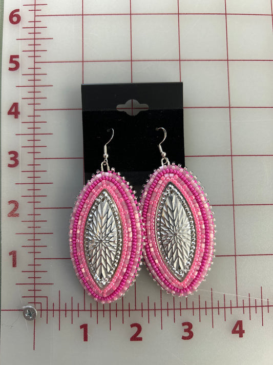 Pink Beaded Silver Cabochon Earrings