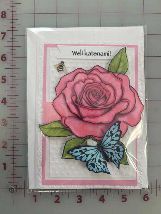 Wëlí katënamí! Happy Birthday Card “Pink Rose”