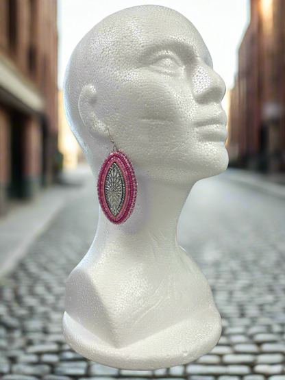 Pink Beaded Silver Cabochon Earrings