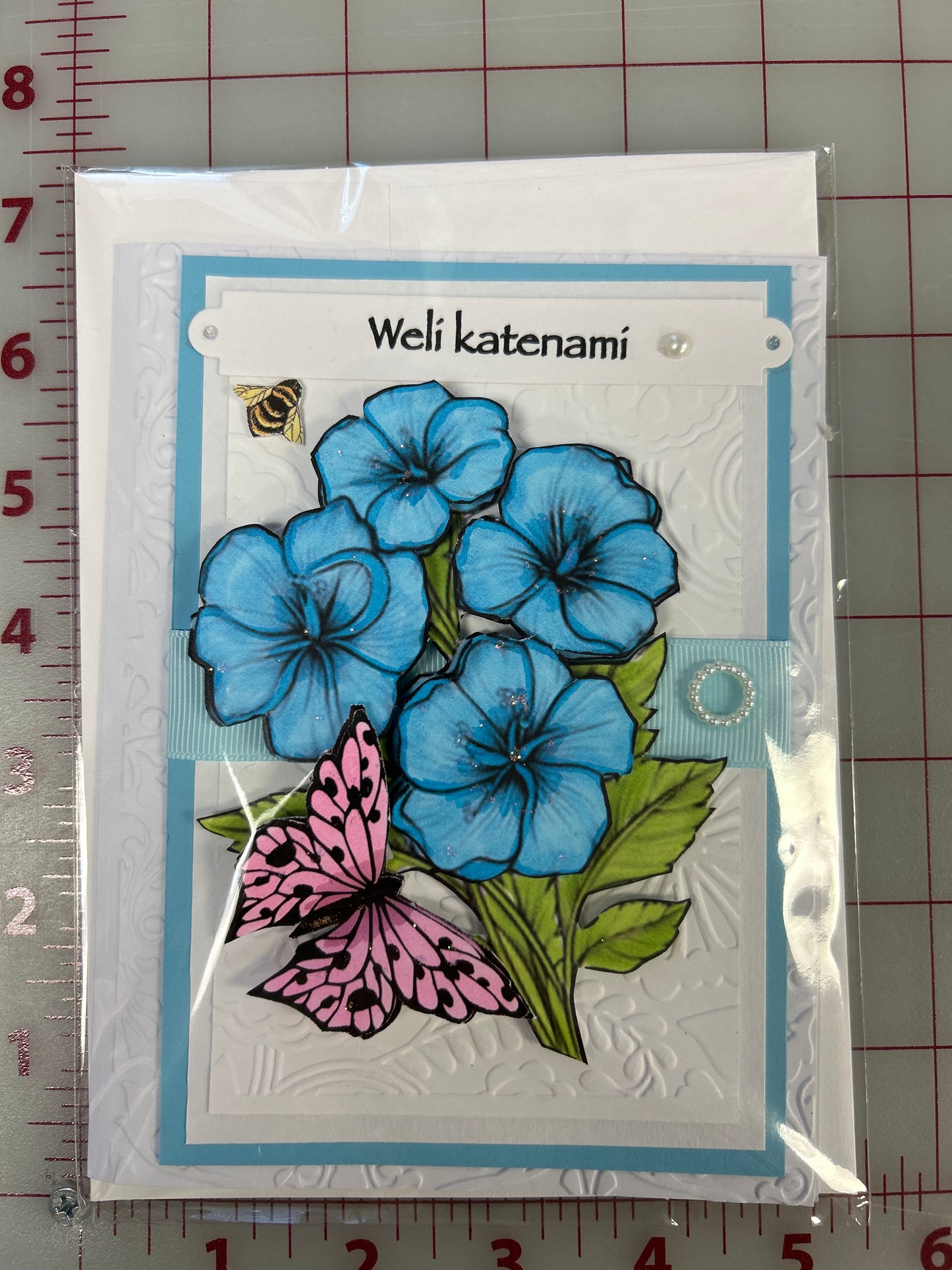 Wëlí katënamí Happy Birthday Card “Blue Poppies”