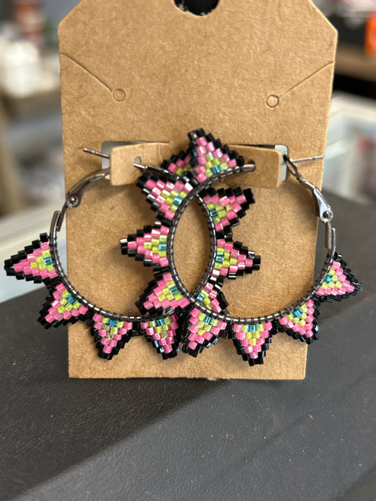 Beaded Out Hoops Pink & Green