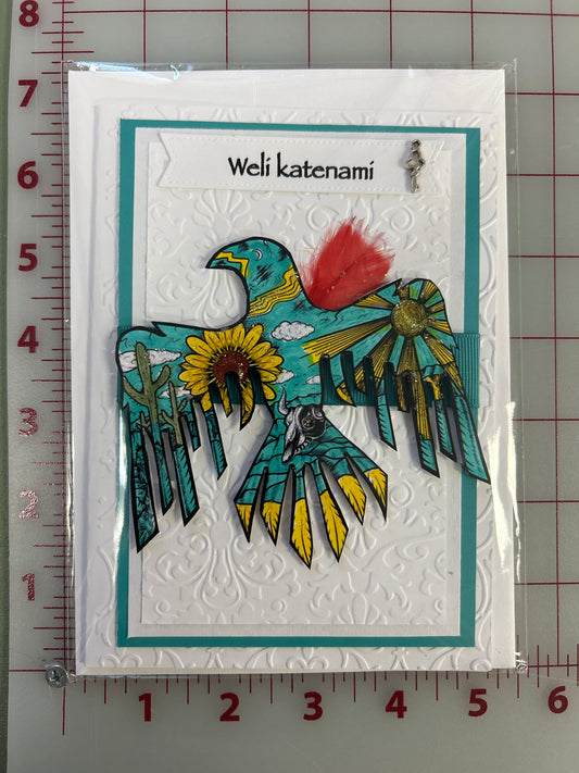 Wëlí katënamí Happy Birthday Card “Turquoise Bird”