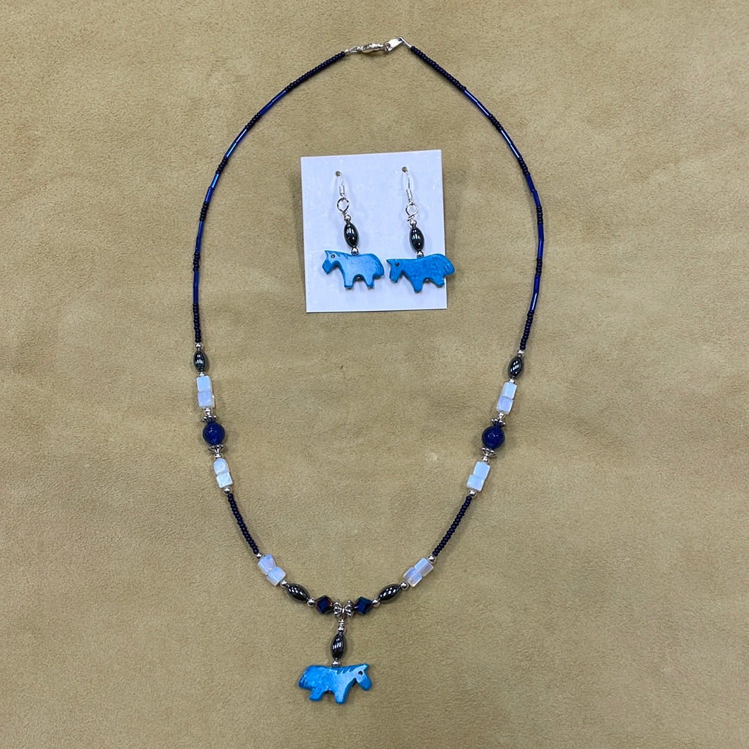Blue Horse Necklace Earring Set