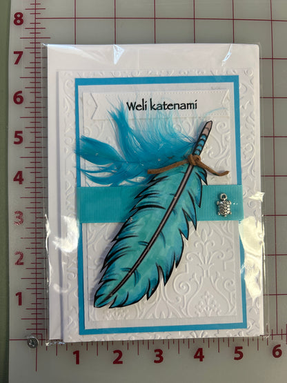 Wëlí katënamí Happy Birthday Card “Turquoise Feathers”