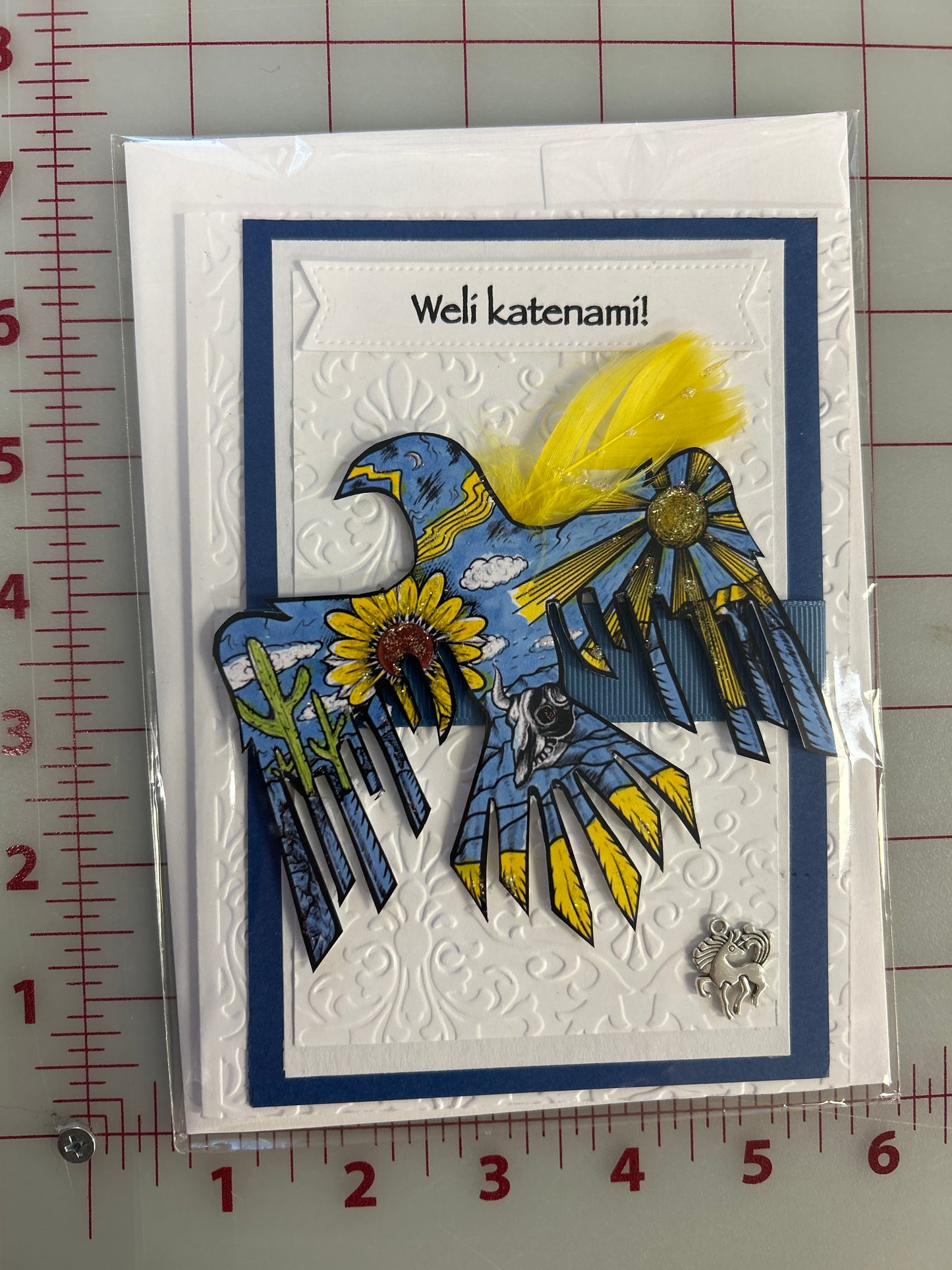 Wëlí katënamí Happy Birthday Card “Yellow Feather/Blue Bird”