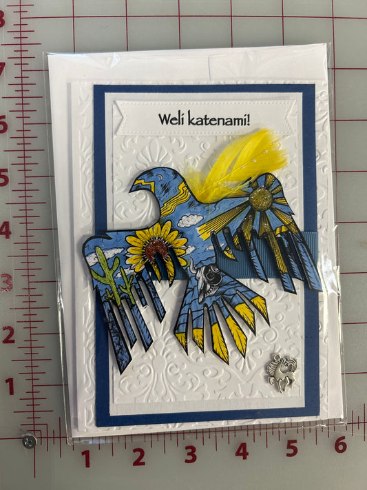 Wëlí katënamí Happy Birthday Card “Yellow Feather/Blue Bird”