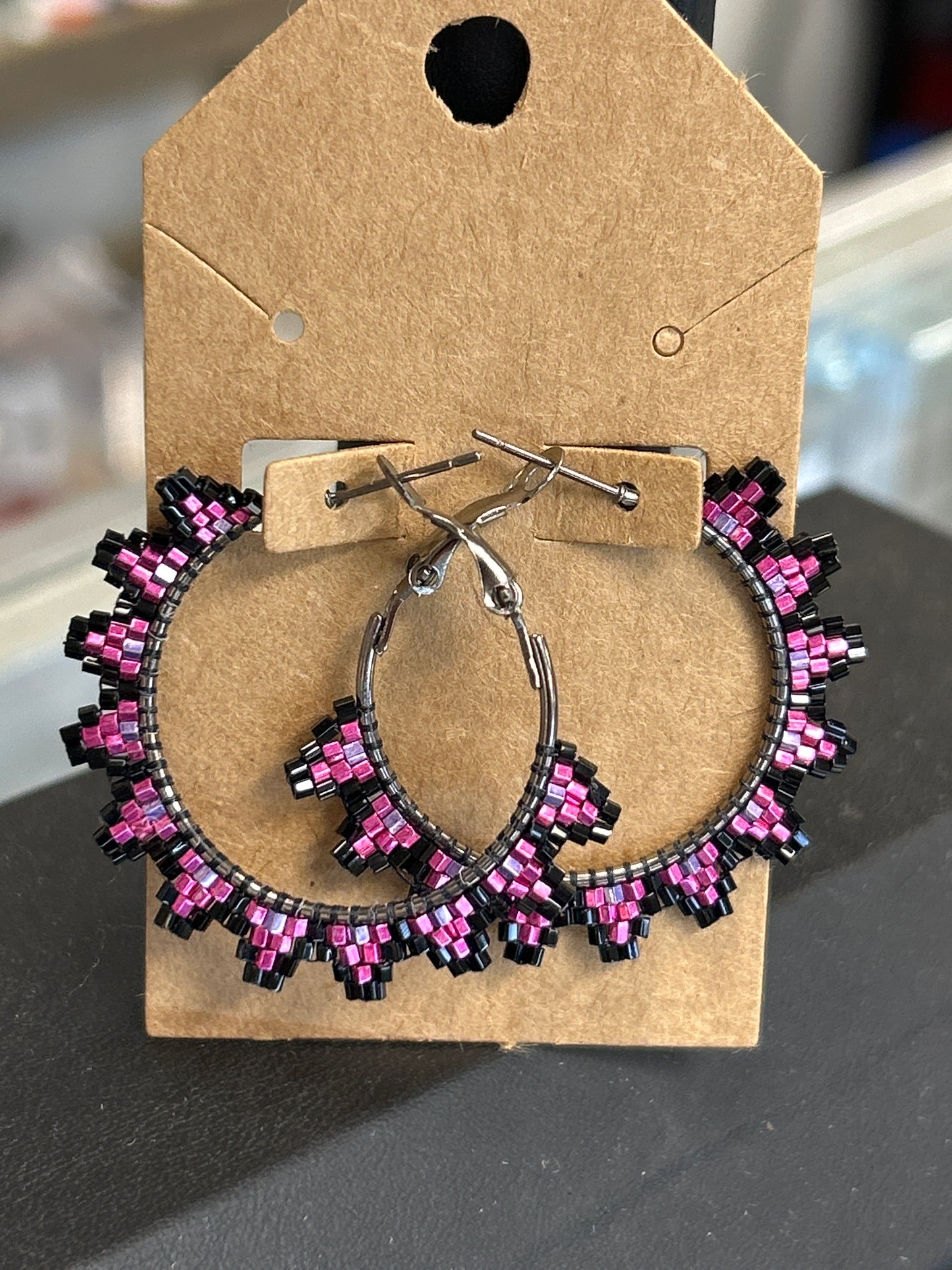 Beaded Out Hoops Metallic Pink & Black