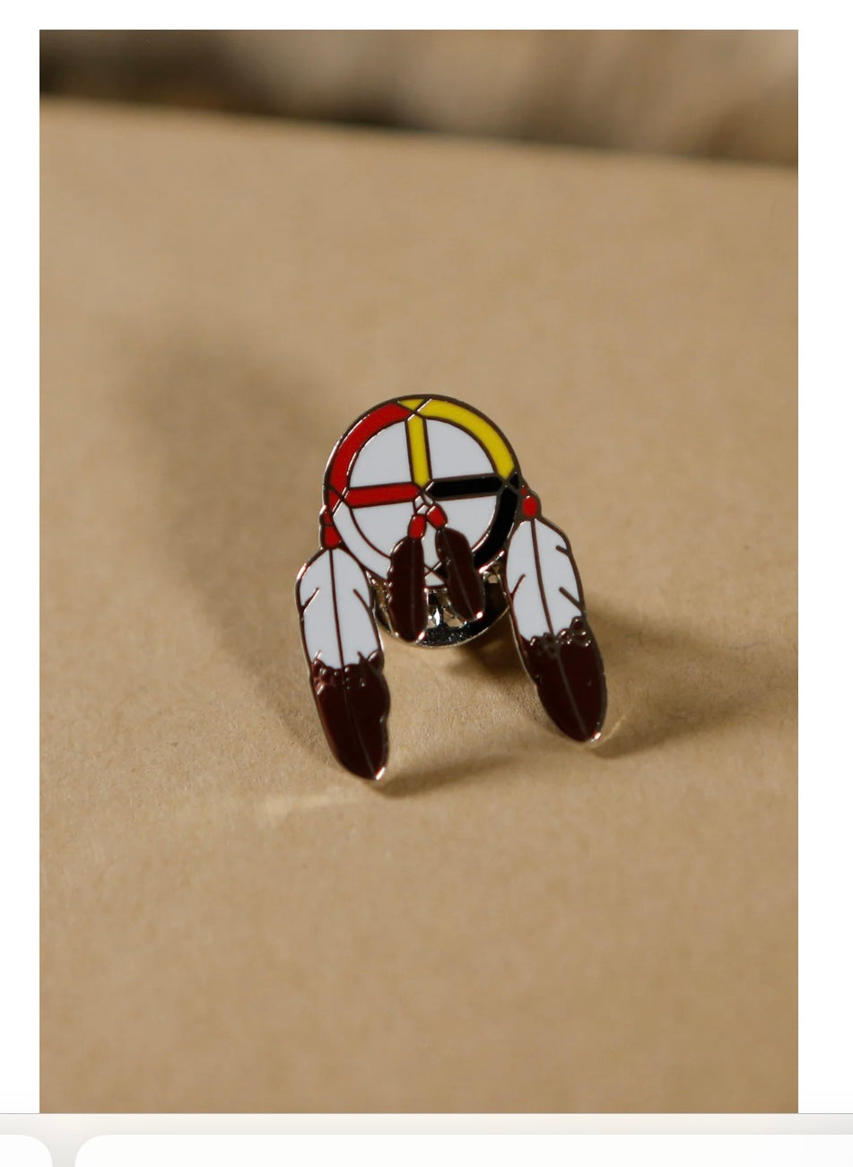 Medicine Wheel W/ 2 Feathers Pin