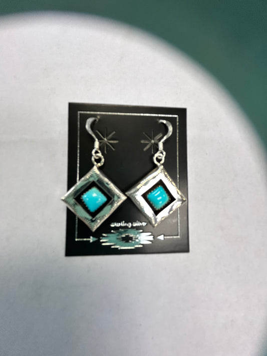 Sterling Silver Diamond Shaped W Turquoise Earrings