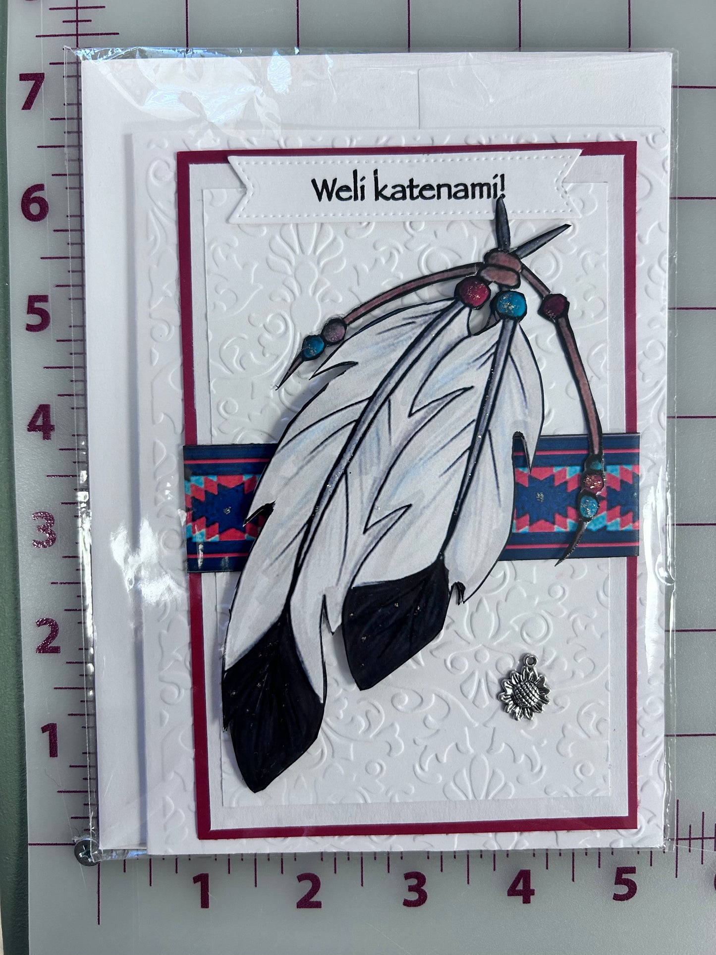 Wëlí katënamí Happy Birthday Card “2 White Feathers”