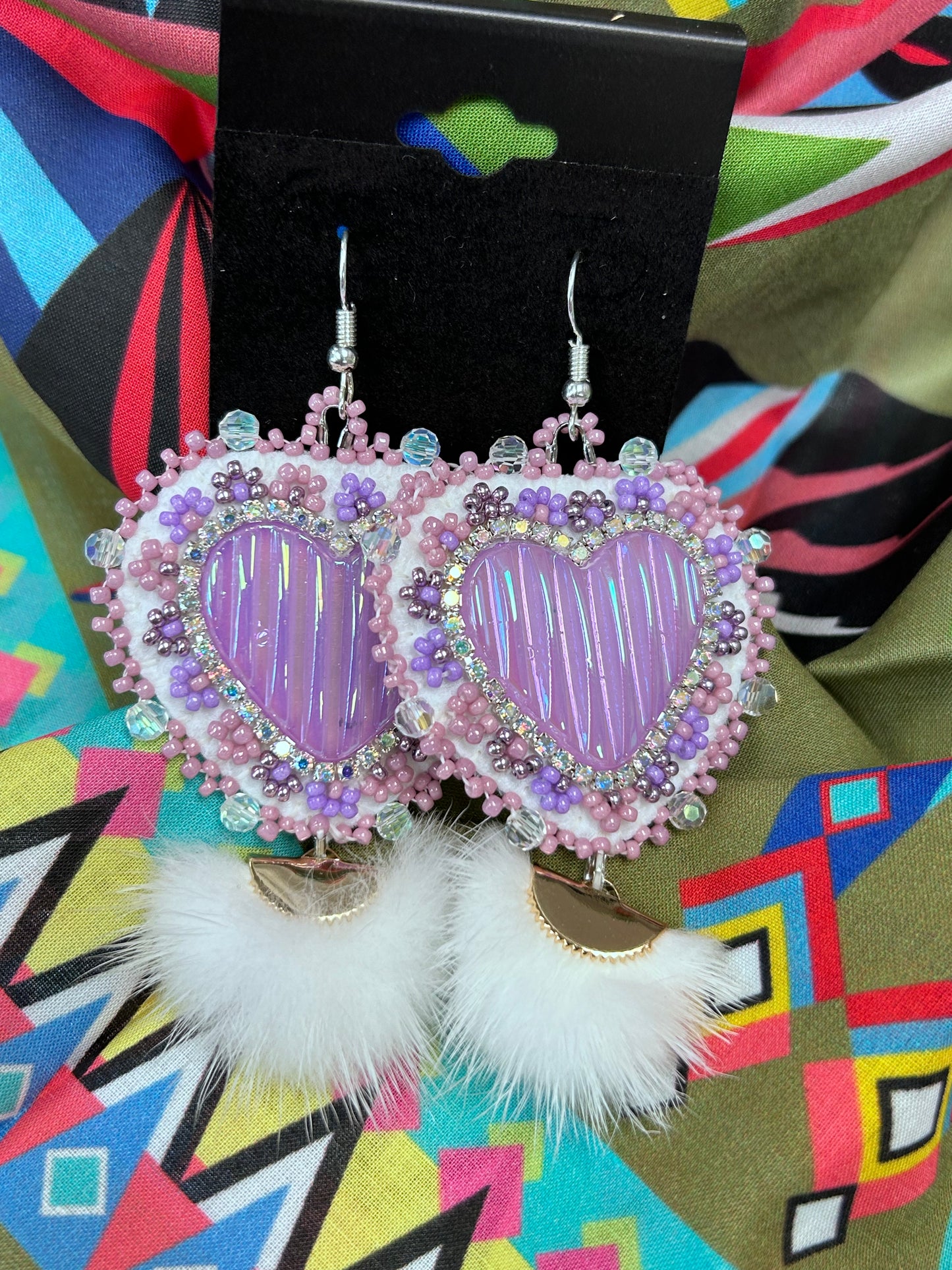 Beaded Heart Earrings Purple W/ Pink