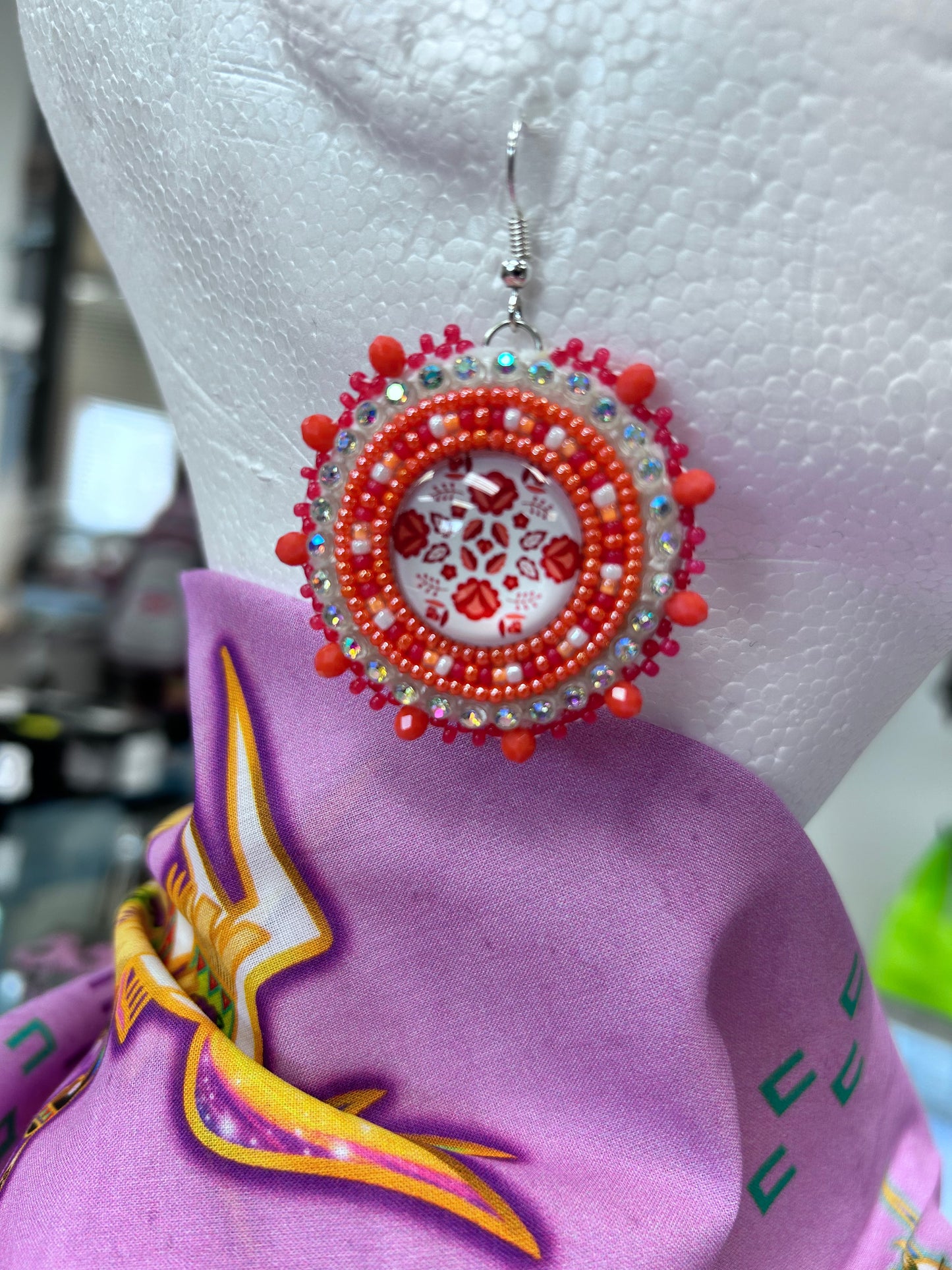 Beaded Earrings Medium Round Lt Neon Orange