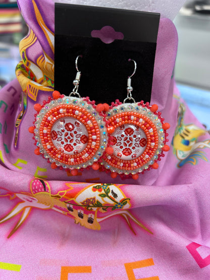 Beaded Earrings Medium Round Lt Neon Orange