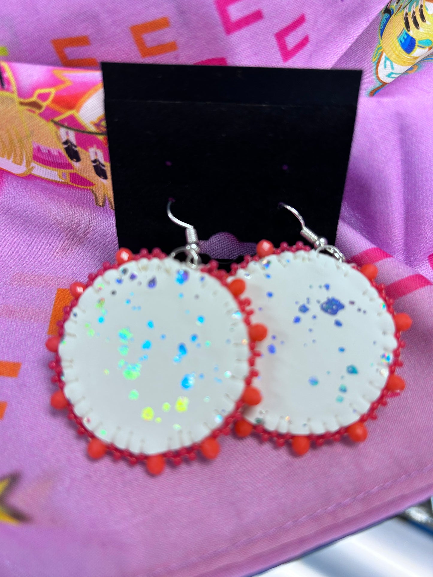 Beaded Earrings Medium Round Lt Neon Orange