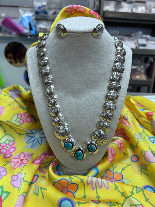 Sterling Silver Stamped W/ Turquoise Stones Necklace & Earring Set