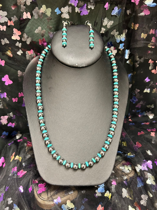 Turquoise And Silver Bead Necklace & Earring Set