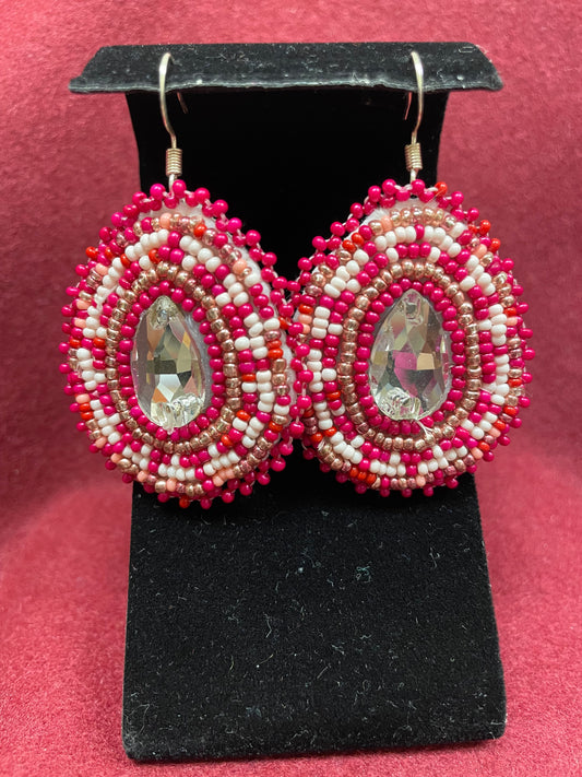 Pink Beaded and Crystal Cabochon Earrings