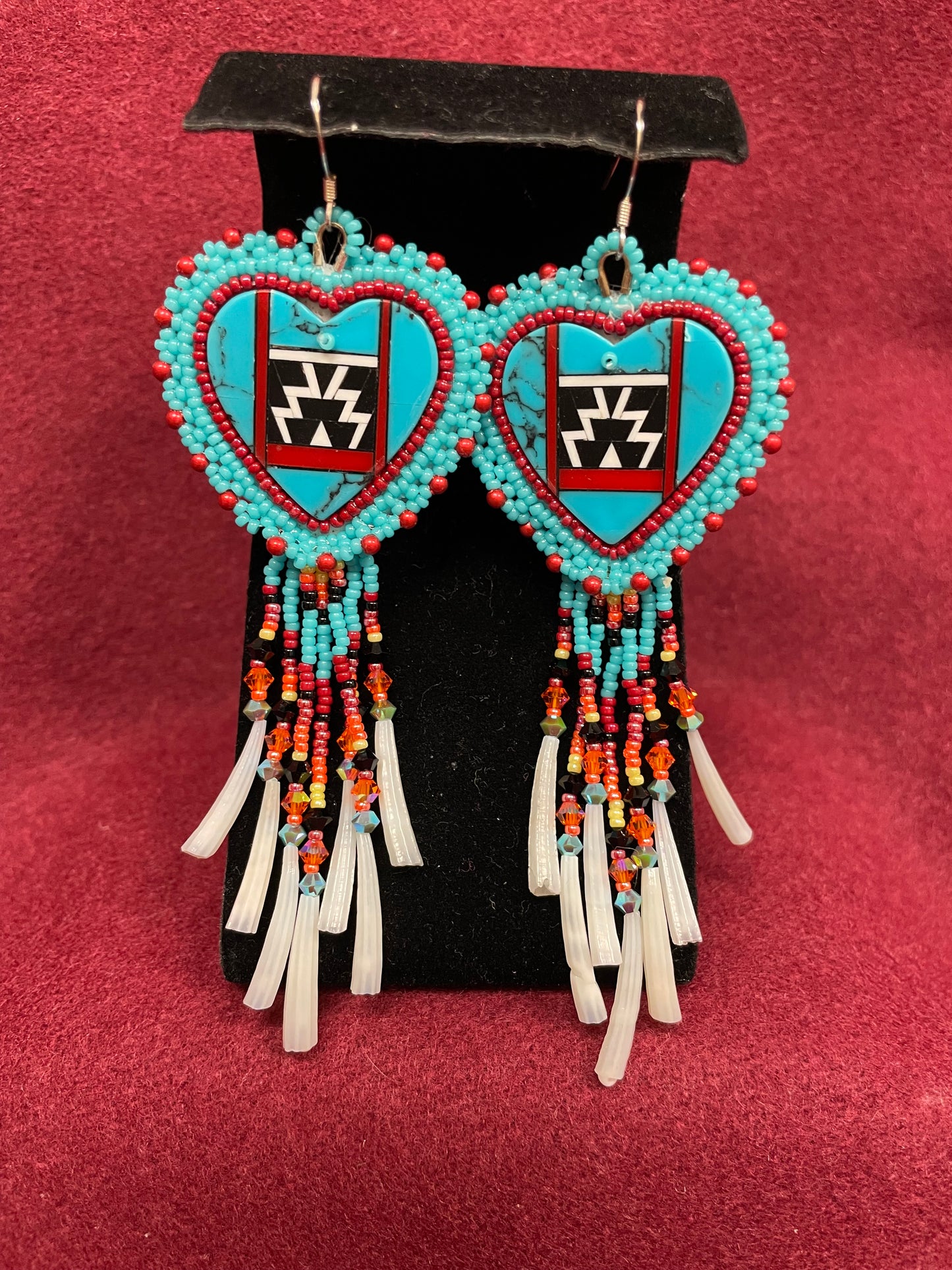 Turquoise Inlay Heart Beaded Dangle Earrings