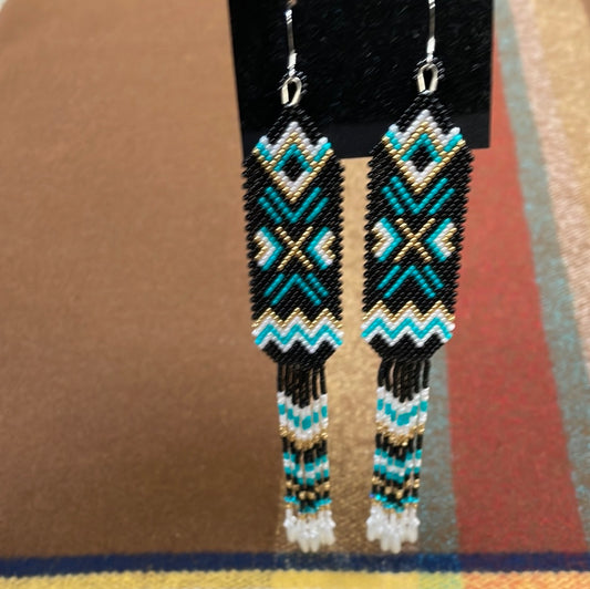 Geometric Blk Turquoise Gold Dangle Earrings