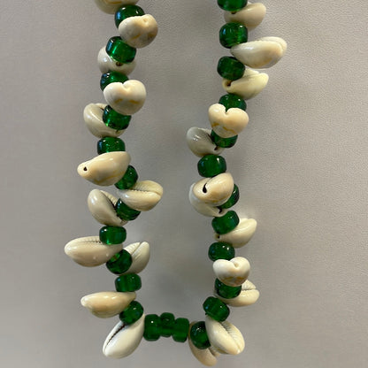 Green Glass Crow Bead and Cowry Shell Necklace