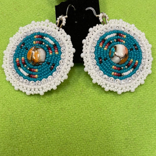 White & Turquoise Beaded Cabochon Earrings