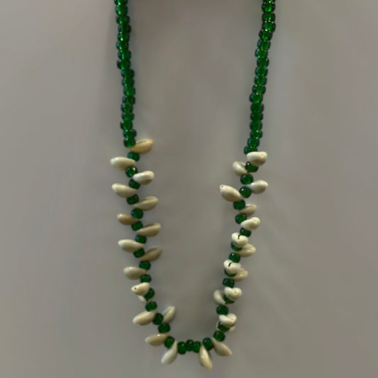 Green Glass Crow Bead and Cowry Shell Necklace