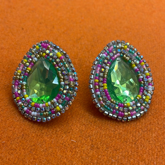 Green Beaded Cabachon Earrings