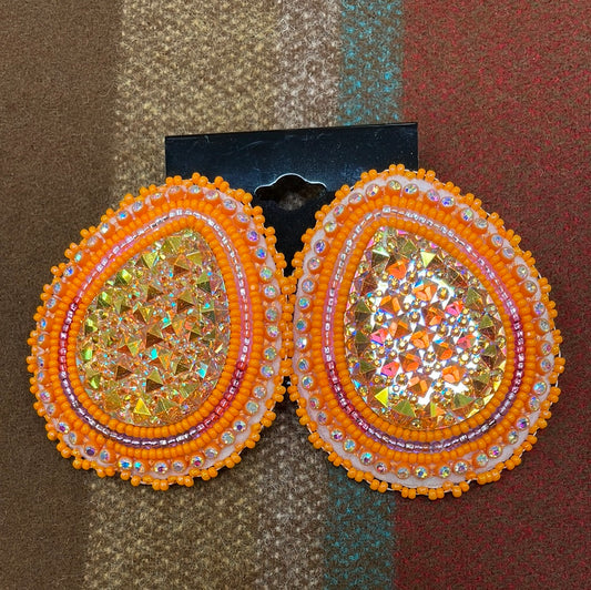 Orange Beaded Cabochon Post Earrings